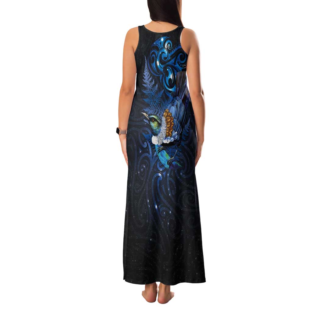 Aotearoa Matariki Tank Maxi Dress Maori Tribal with Silver Fern and Tui Bird Galaxy Style LT03 - Polynesian Pride