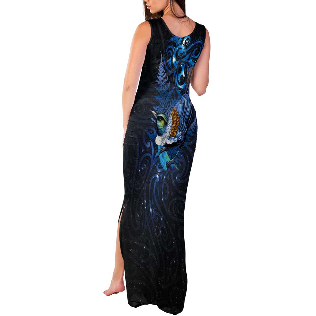 Aotearoa Matariki Tank Maxi Dress Maori Tribal with Silver Fern and Tui Bird Galaxy Style LT03 - Polynesian Pride