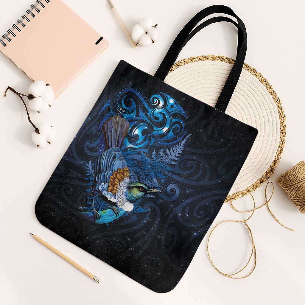 Aotearoa Matariki Tote Bag Maori Tribal with Silver Fern and Tui Bird Galaxy Style LT03 Black Strap One Size Navy - Polynesian Pride