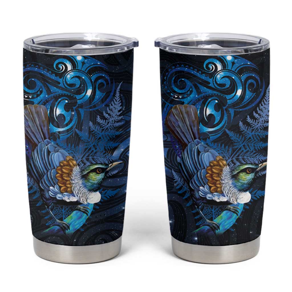 Aotearoa Matariki Tumbler Cup Maori Tribal with Silver Fern and Tui Bird Galaxy Style LT03 Navy - Polynesian Pride