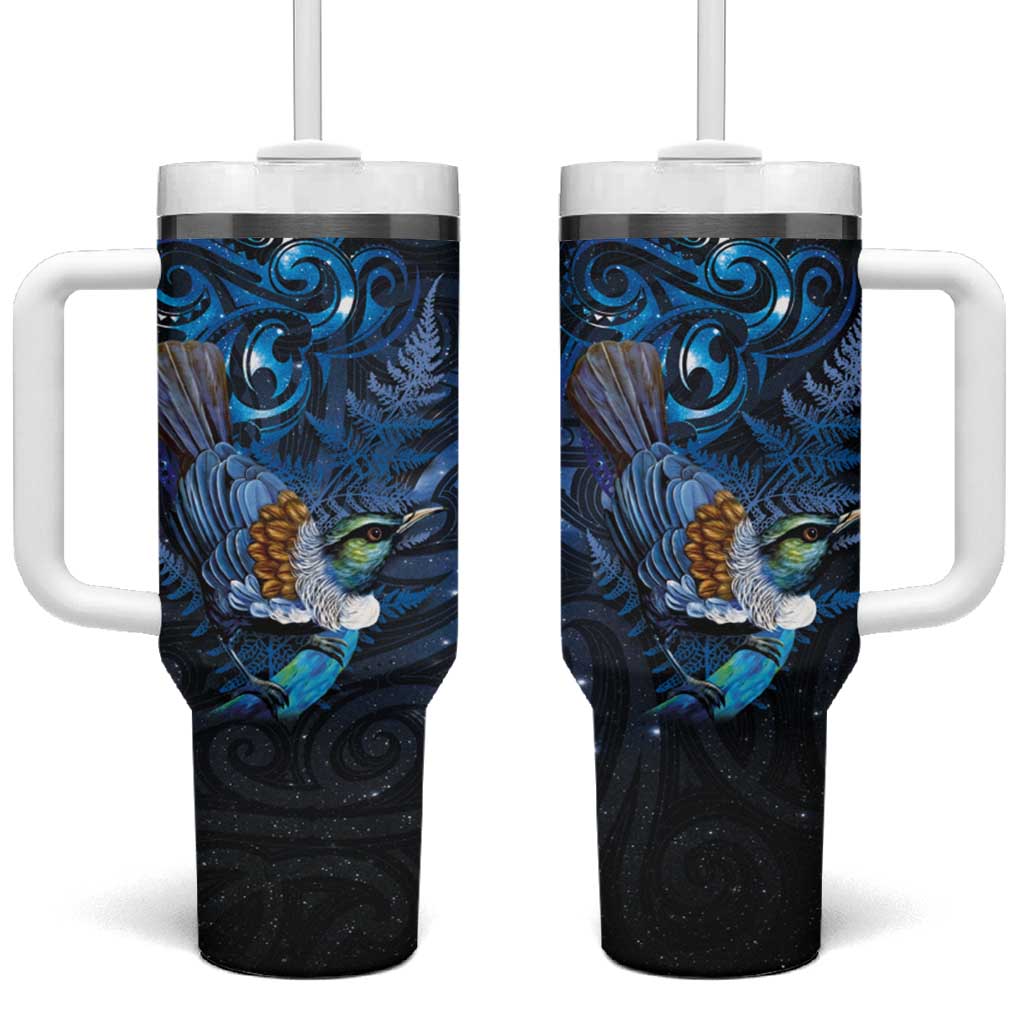 Aotearoa Matariki Tumbler With Handle Maori Tribal with Silver Fern and Tui Bird Galaxy Style LT03 One Size: 40 oz Navy - Polynesian Pride