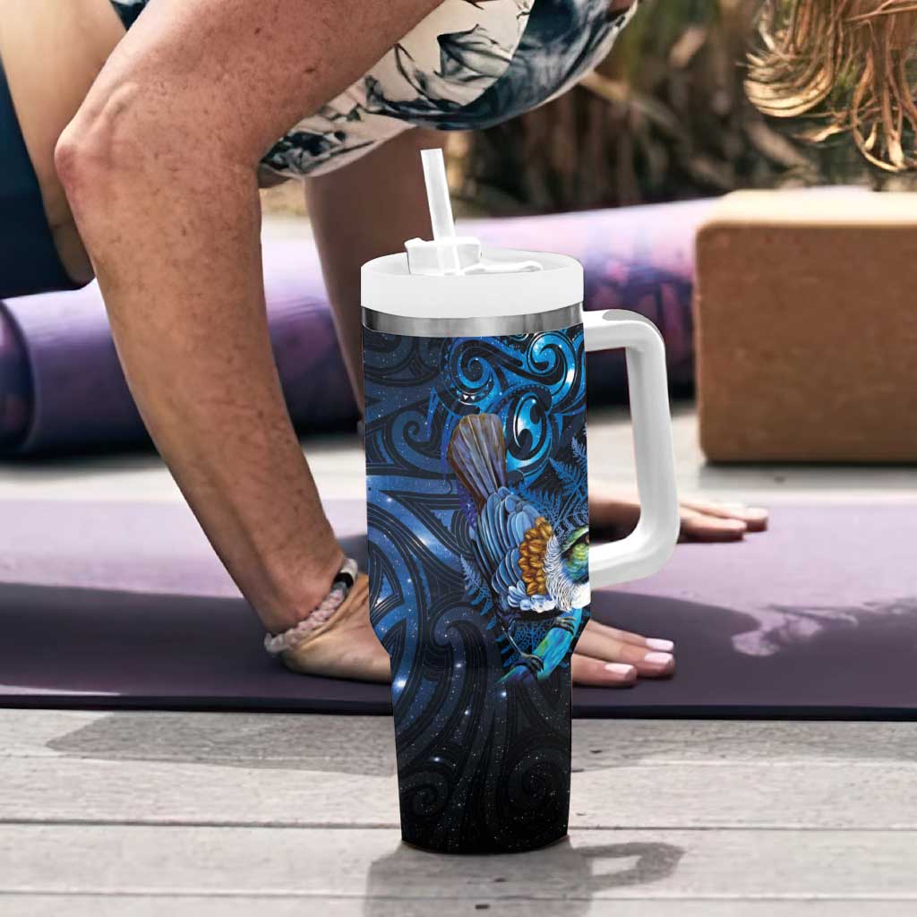 Aotearoa Matariki Tumbler With Handle Maori Tribal with Silver Fern and Tui Bird Galaxy Style LT03 - Polynesian Pride