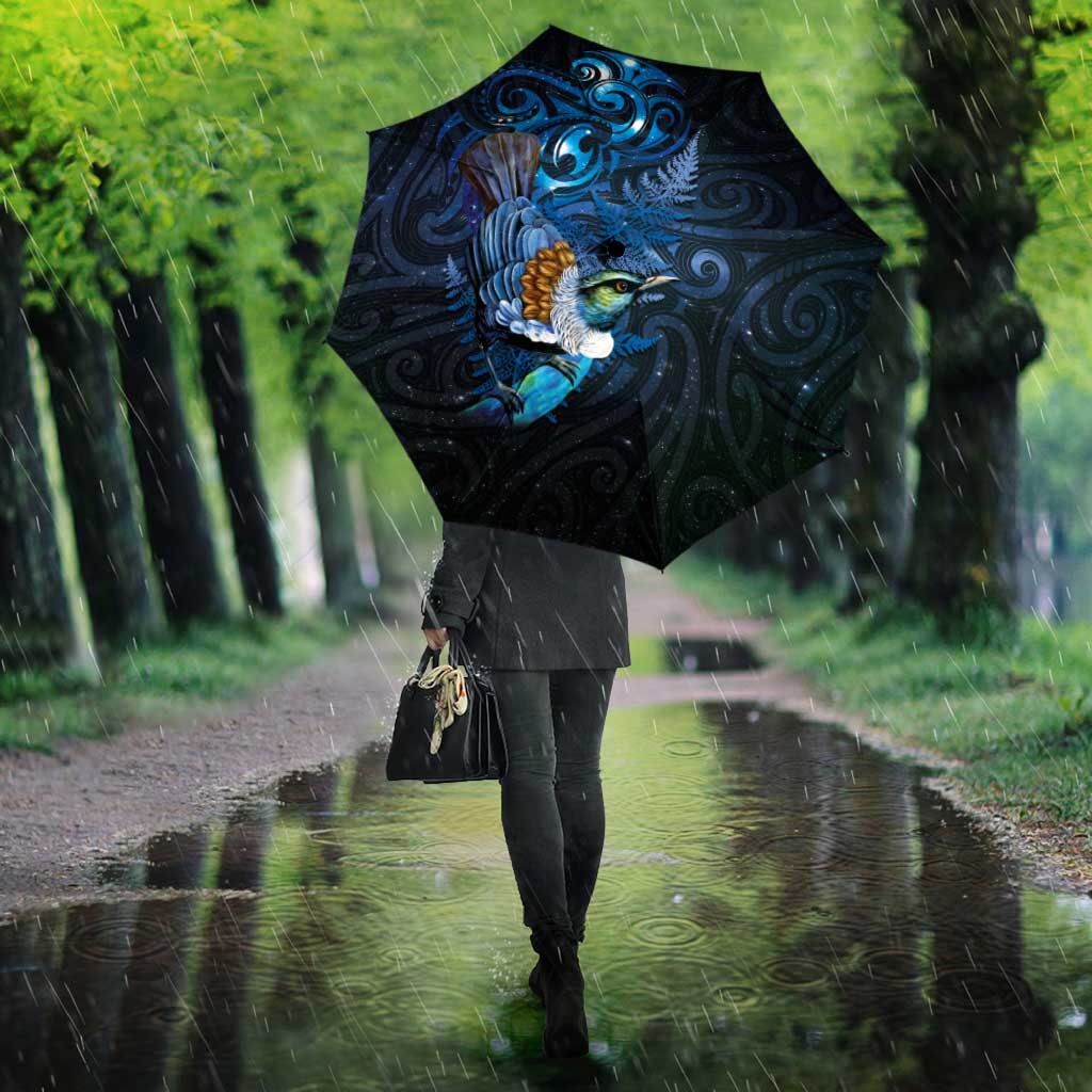 Aotearoa Matariki Umbrella Maori Tribal with Silver Fern and Tui Bird Galaxy Style - Polynesian Pride