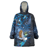 Aotearoa Matariki Wearable Blanket Hoodie Maori Tribal with Silver Fern and Tui Bird Galaxy Style LT03 One Size Navy - Polynesian Pride