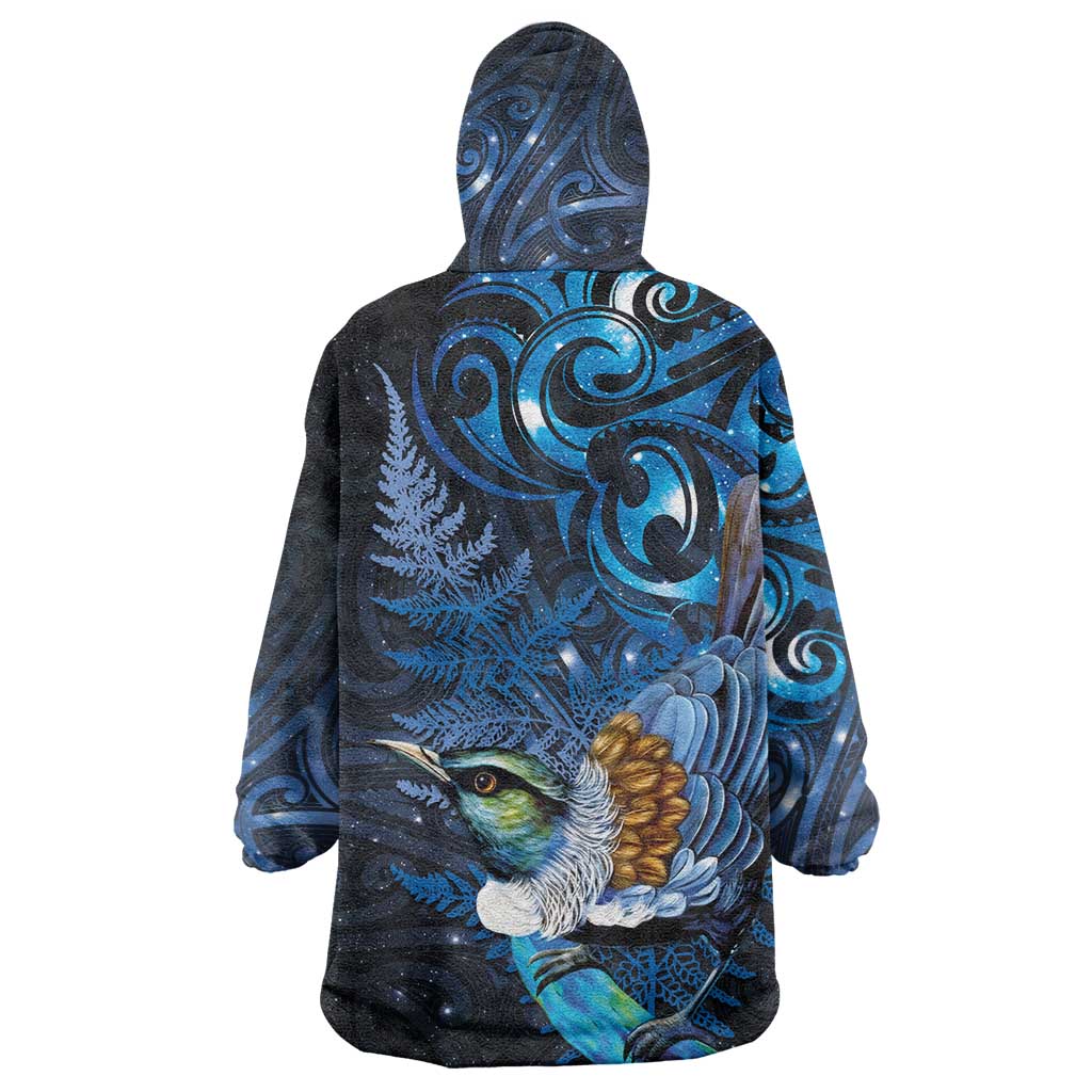 Aotearoa Matariki Wearable Blanket Hoodie Maori Tribal with Silver Fern and Tui Bird Galaxy Style LT03 - Polynesian Pride