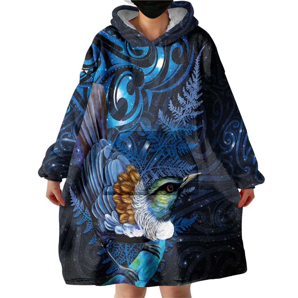 Aotearoa Matariki Wearable Blanket Hoodie Maori Tribal with Silver Fern and Tui Bird Galaxy Style LT03 - Polynesian Pride