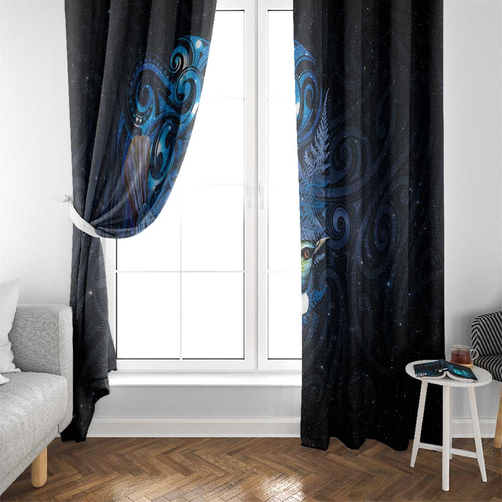 Aotearoa Matariki Window Curtain Maori Tribal with Silver Fern and Tui Bird Galaxy Style - Polynesian Pride