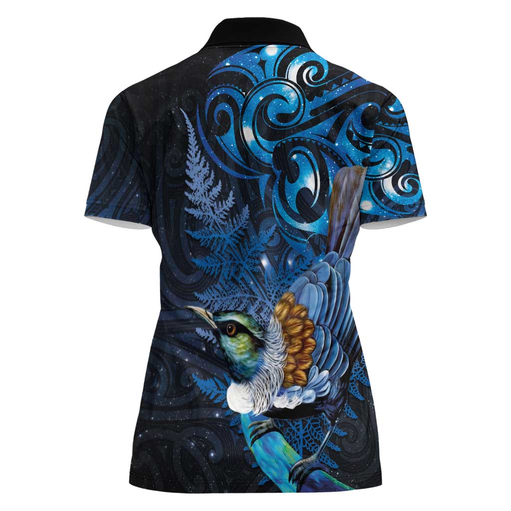 Aotearoa Matariki Women Polo Shirt Maori Tribal with Silver Fern and Tui Bird Galaxy Style - Polynesian Pride