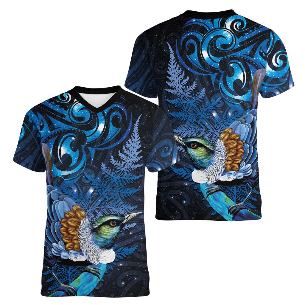 Aotearoa Matariki Women V-Neck T-Shirt Maori Tribal with Silver Fern and Tui Bird Galaxy Style LT03 - Polynesian Pride