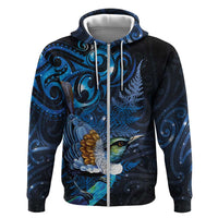 Aotearoa Matariki Zip Hoodie Maori Tribal with Silver Fern and Tui Bird Galaxy Style LT03 Zip Hoodie Navy - Polynesian Pride