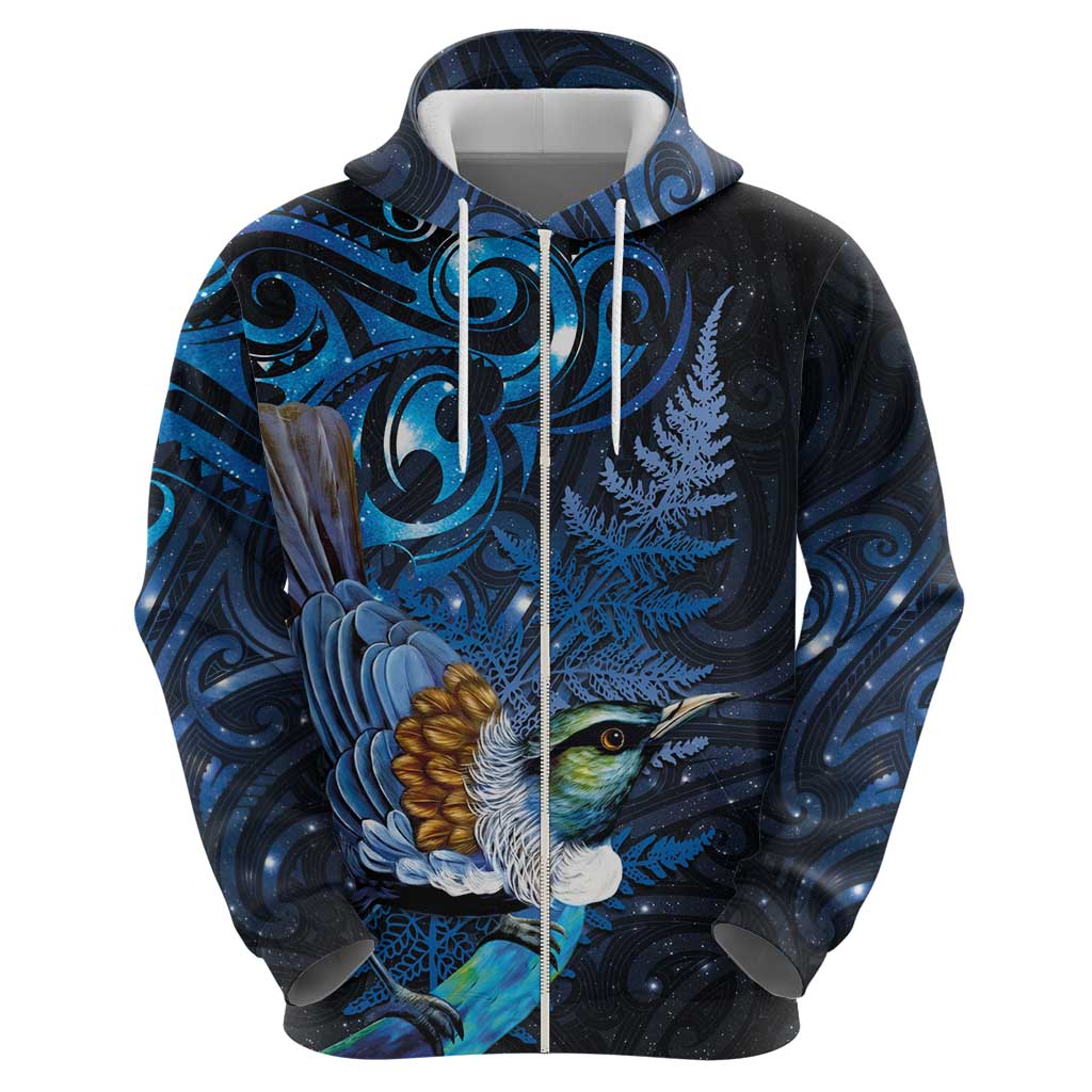 Aotearoa Matariki Zip Hoodie Maori Tribal with Silver Fern and Tui Bird Galaxy Style LT03 - Polynesian Pride