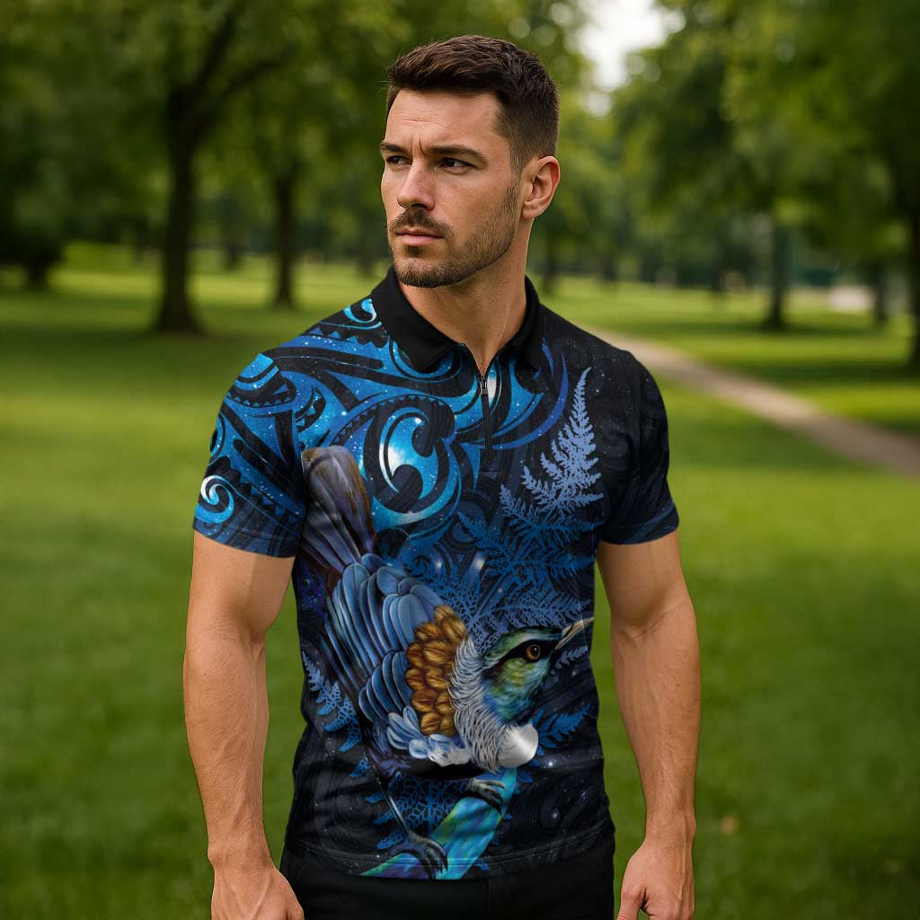 Aotearoa Matariki Zipper Polo Shirt Maori Tribal with Silver Fern and Tui Bird Galaxy Style - Polynesian Pride