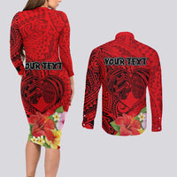 Personalised Hawaii Valentine Day Couples Matching Long Sleeve Bodycon Dress and Long Sleeve Button Shirt Couple Love Heart mix Hibiscus and Polynesian Tattoo LT03 - Polynesian Pride