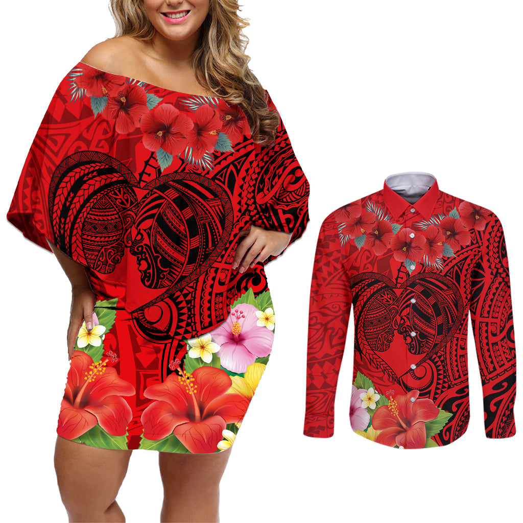 Personalised Hawaii Valentine Day Couples Matching Off Shoulder Short Dress and Long Sleeve Button Shirt Couple Love Heart mix Hibiscus and Polynesian Tattoo LT03 Red - Polynesian Pride