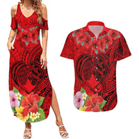 Personalised Hawaii Valentine Day Couples Matching Summer Maxi Dress and Hawaiian Shirt Couple Love Heart mix Hibiscus and Polynesian Tattoo LT03 Red - Polynesian Pride