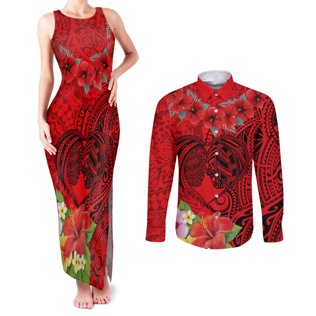 Personalised Hawaii Valentine Day Couples Matching Tank Maxi Dress and Long Sleeve Button Shirt Couple Love Heart mix Hibiscus and Polynesian Tattoo LT03 Red - Polynesian Pride