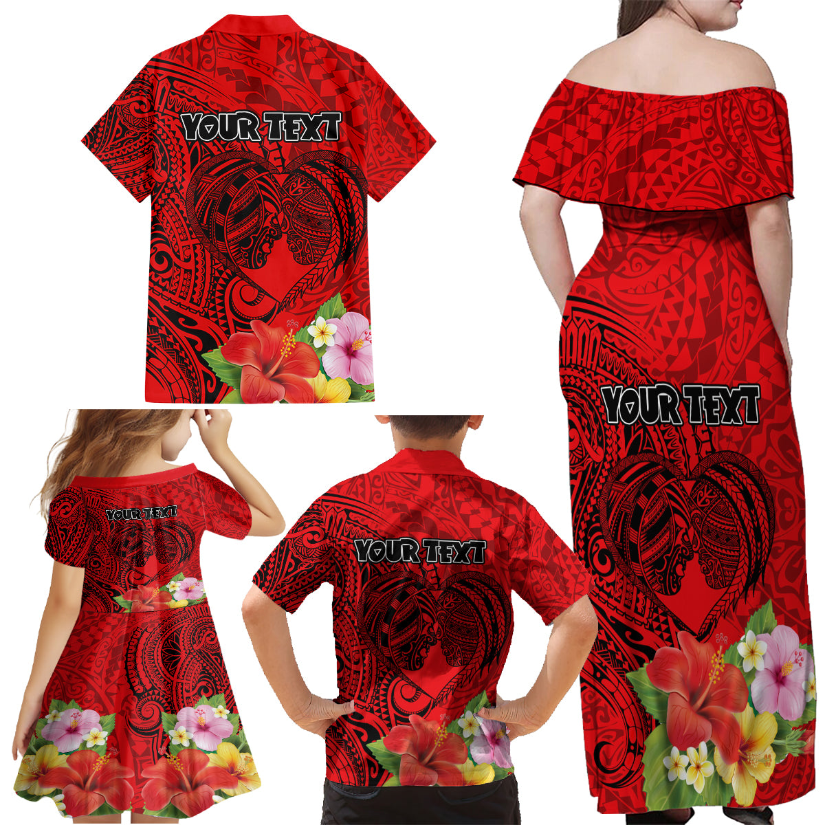 Personalised Hawaii Valentine Day Family Matching Off Shoulder Maxi Dress and Hawaiian Shirt Couple Love Heart mix Hibiscus and Polynesian Tattoo LT03 - Polynesian Pride