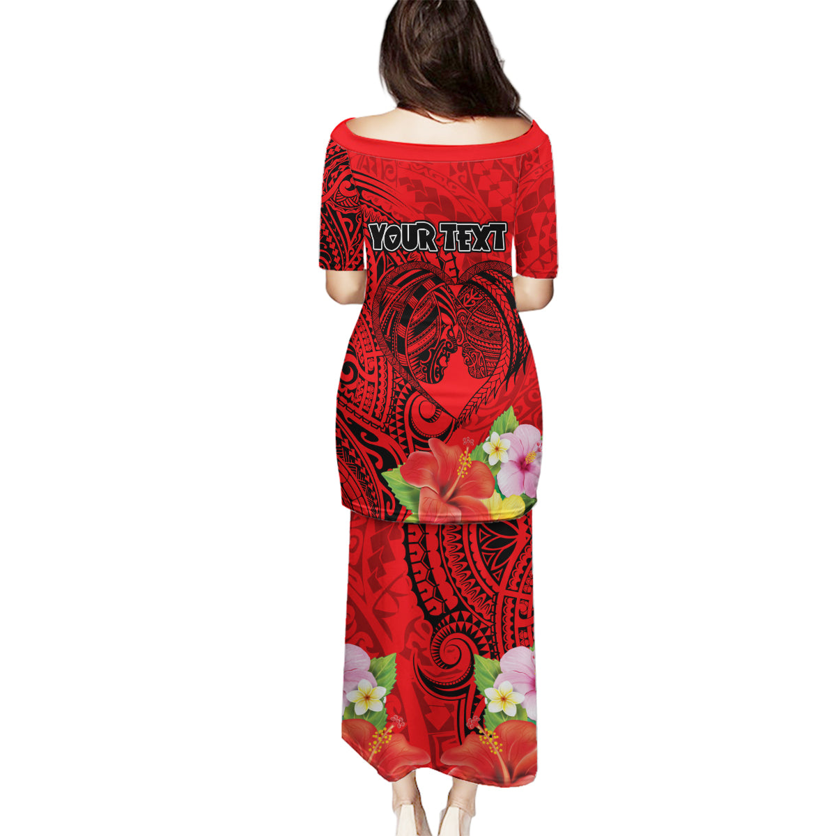 Personalised Hawaii Valentine Day Family Matching Puletasi and Hawaiian Shirt Couple Love Heart mix Hibiscus and Polynesian Tattoo LT03 - Polynesian Pride