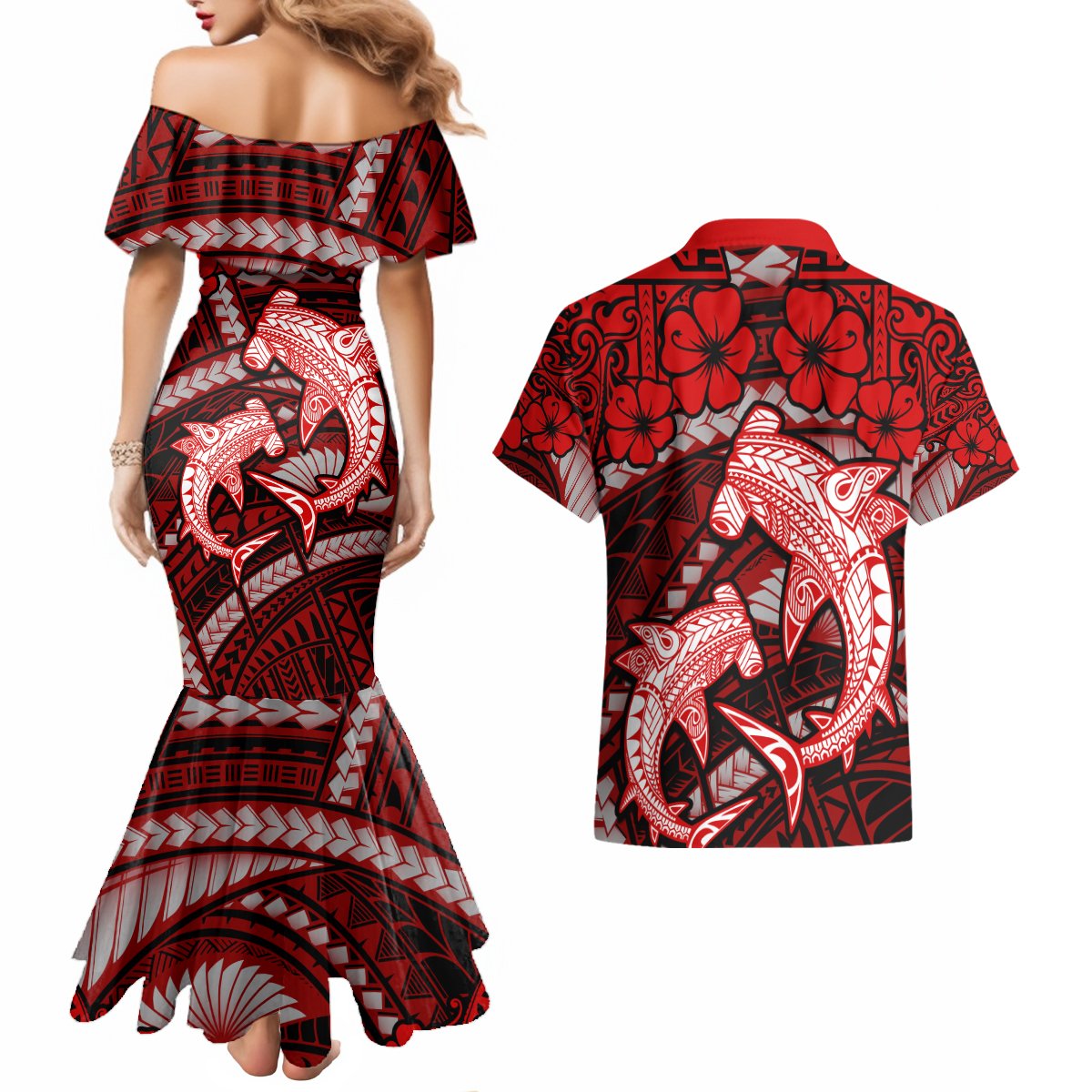 Polynesian Shark Valentine Day Couples Matching Mermaid Dress and Hawaiian Shirt Hibiscus and Tribal Tattoo Red Style LT03 - Polynesian Pride