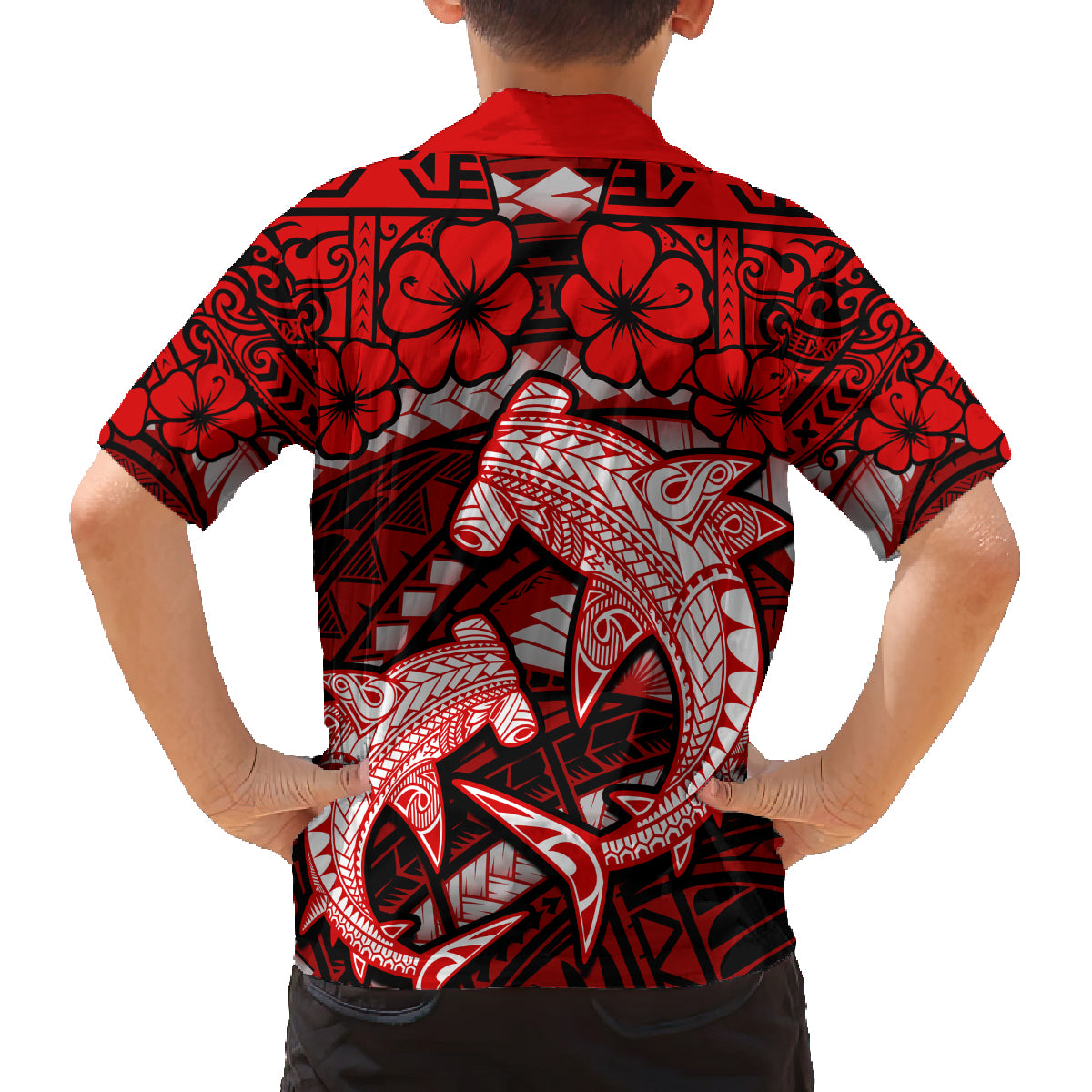 Polynesian Shark Valentine Day Family Matching Off Shoulder Maxi Dress and Hawaiian Shirt Hibiscus and Tribal Tattoo Red Style LT03 - Polynesian Pride