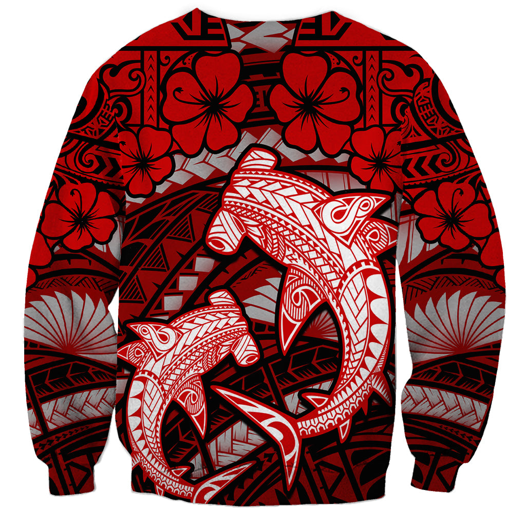 Polynesian Shark Valentine Day Sweatshirt Hibiscus and Tribal Tattoo Red Style LT03 - Polynesian Pride