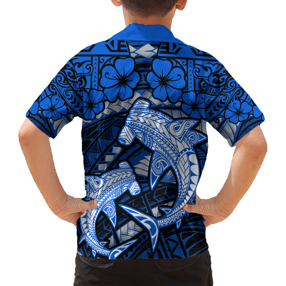 Polynesian Shark Valentine Day Family Matching Short Sleeve Bodycon Dress and Hawaiian Shirt Hibiscus and Tribal Tattoo Blue Style LT03 - Polynesian Pride