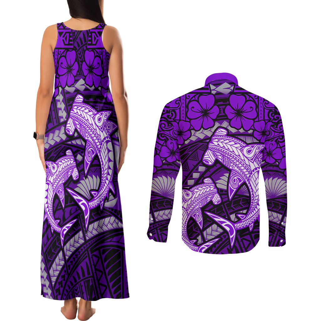 Polynesian Shark Valentine Day Couples Matching Tank Maxi Dress and Long Sleeve Button Shirt Hibiscus and Tribal Tattoo Purple Style LT03 - Polynesian Pride