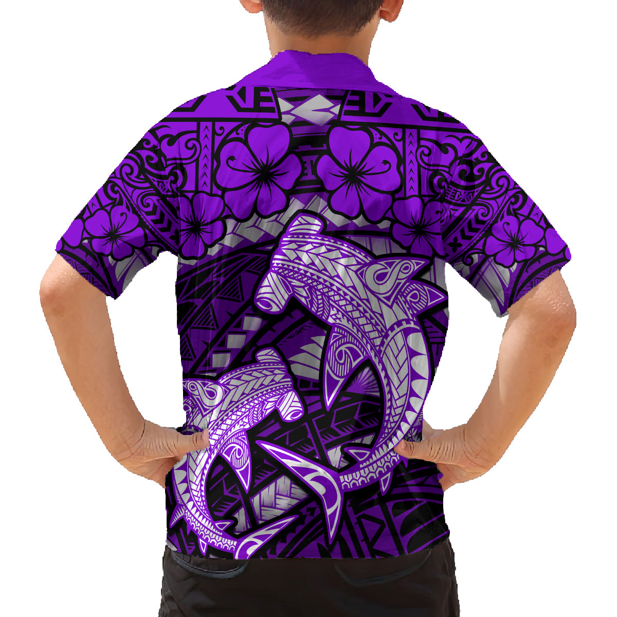 Polynesian Shark Valentine Day Family Matching Puletasi and Hawaiian Shirt Hibiscus and Tribal Tattoo Purple Style LT03 - Polynesian Pride