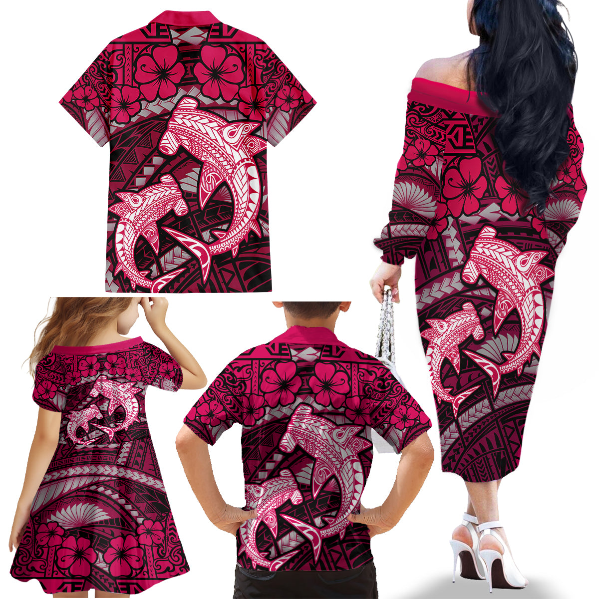 Polynesian Shark Valentine Day Family Matching Off Shoulder Long Sleeve Dress and Hawaiian Shirt Hibiscus and Tribal Tattoo Pink Style LT03 - Polynesian Pride