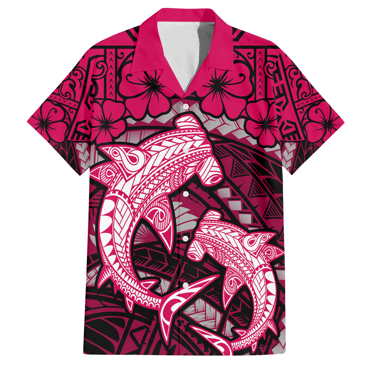 Polynesian Shark Valentine Day Family Matching Off Shoulder Maxi Dress and Hawaiian Shirt Hibiscus and Tribal Tattoo Pink Style LT03 Dad's Shirt - Short Sleeve Pink - Polynesian Pride