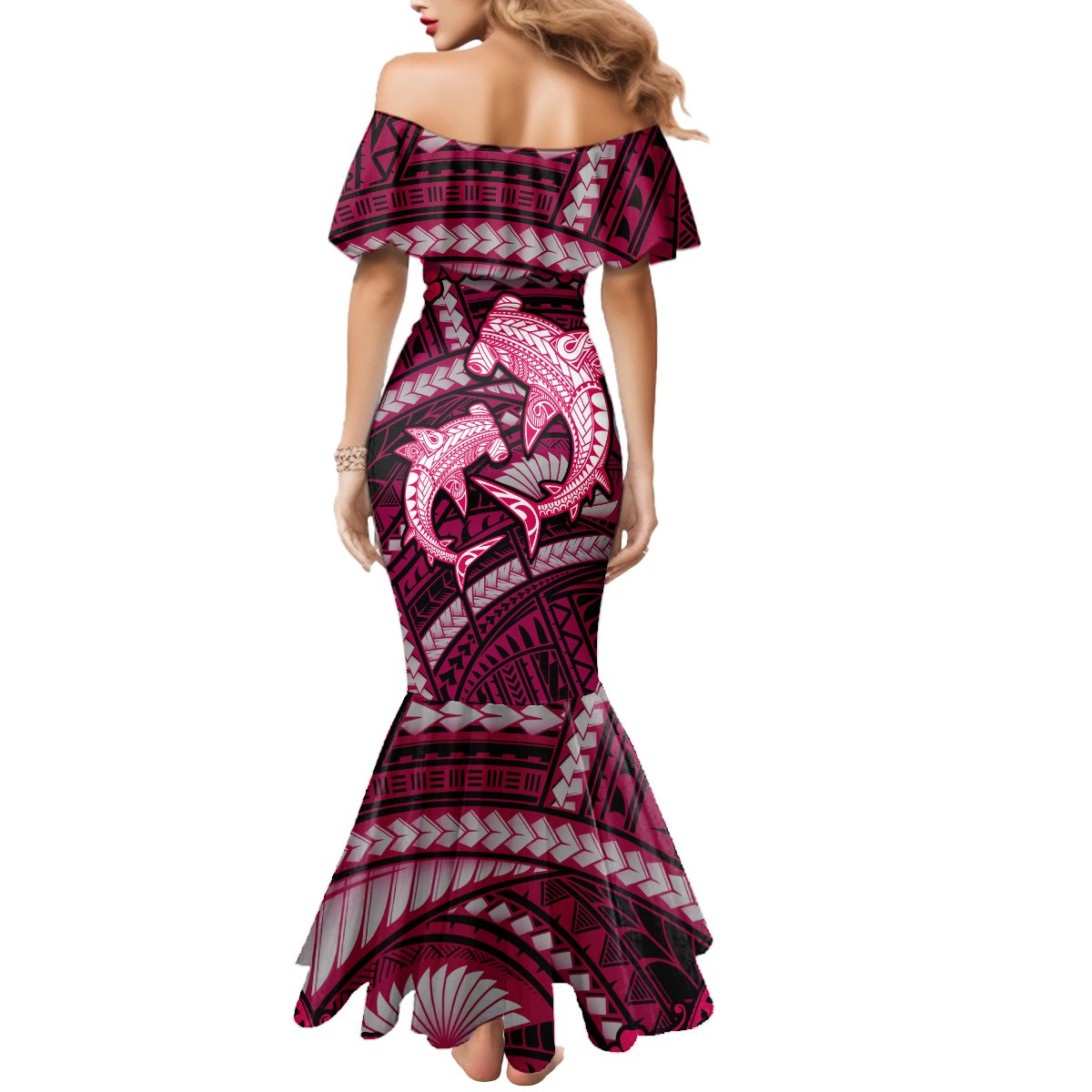 Polynesian Shark Valentine Day Mermaid Dress Hibiscus and Tribal Tattoo Pink Style LT03 - Polynesian Pride