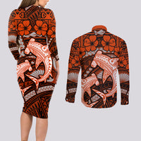 Polynesian Shark Valentine Day Couples Matching Long Sleeve Bodycon Dress and Long Sleeve Button Shirt Hibiscus and Tribal Tattoo Orange Style LT03 - Polynesian Pride