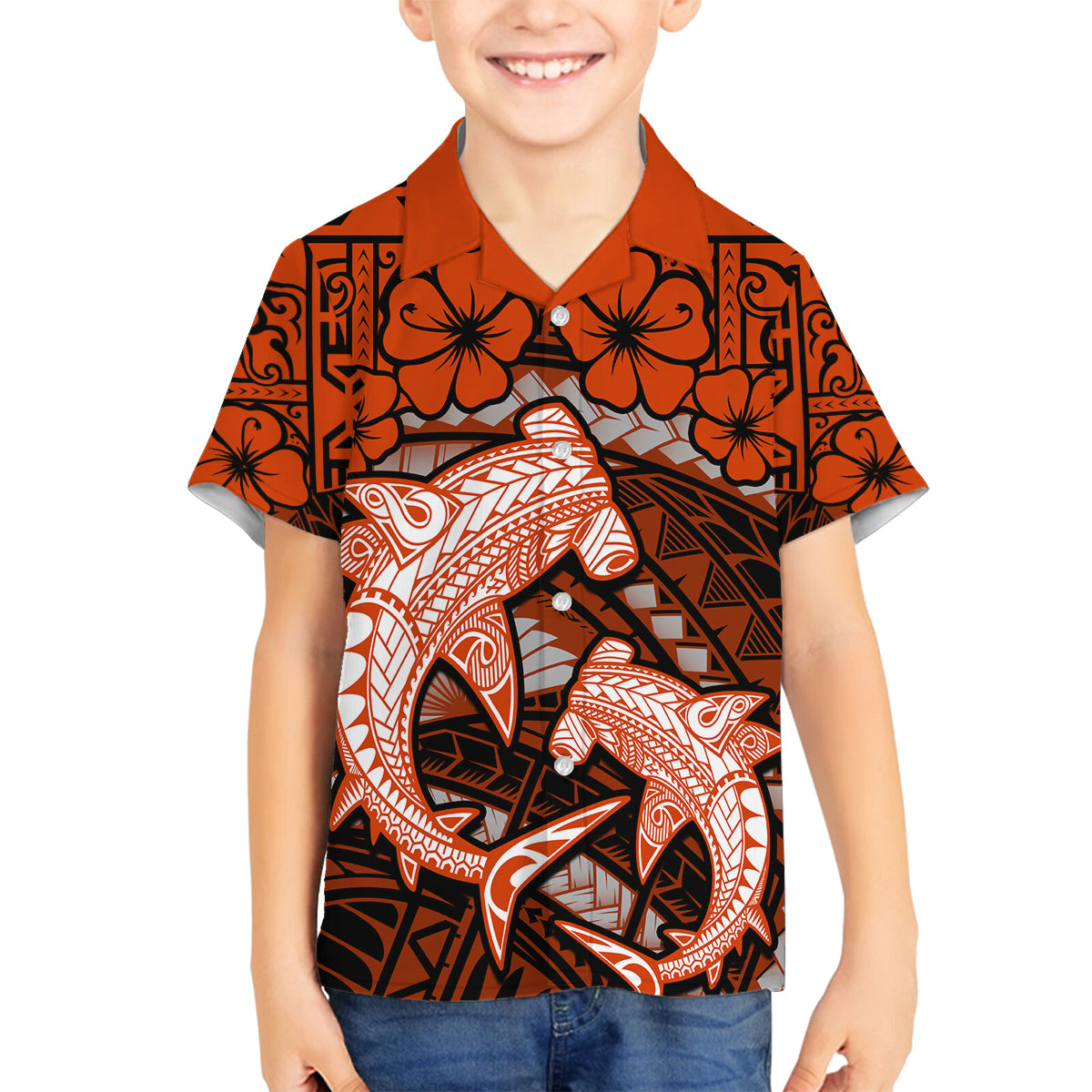 Polynesian Shark Valentine Day Family Matching Off Shoulder Maxi Dress and Hawaiian Shirt Hibiscus and Tribal Tattoo Orange Style LT03 Son's Shirt Orange - Polynesian Pride