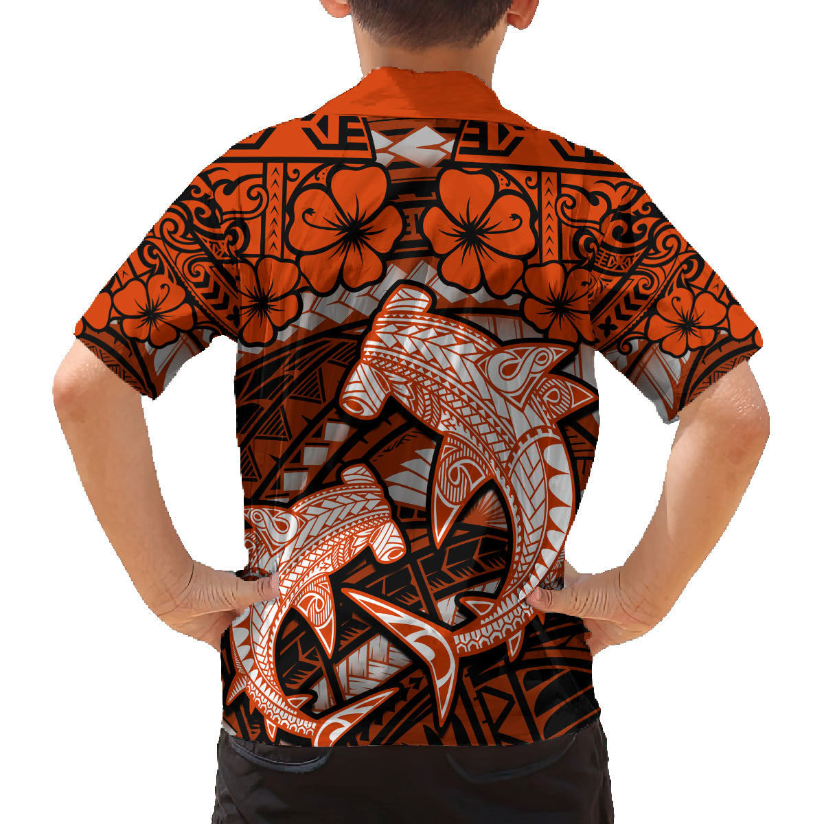 Polynesian Shark Valentine Day Family Matching Off Shoulder Short Dress and Hawaiian Shirt Hibiscus and Tribal Tattoo Orange Style LT03 - Polynesian Pride