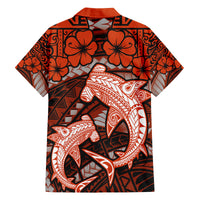 Polynesian Shark Valentine Day Family Matching Off Shoulder Short Dress and Hawaiian Shirt Hibiscus and Tribal Tattoo Orange Style LT03 - Polynesian Pride