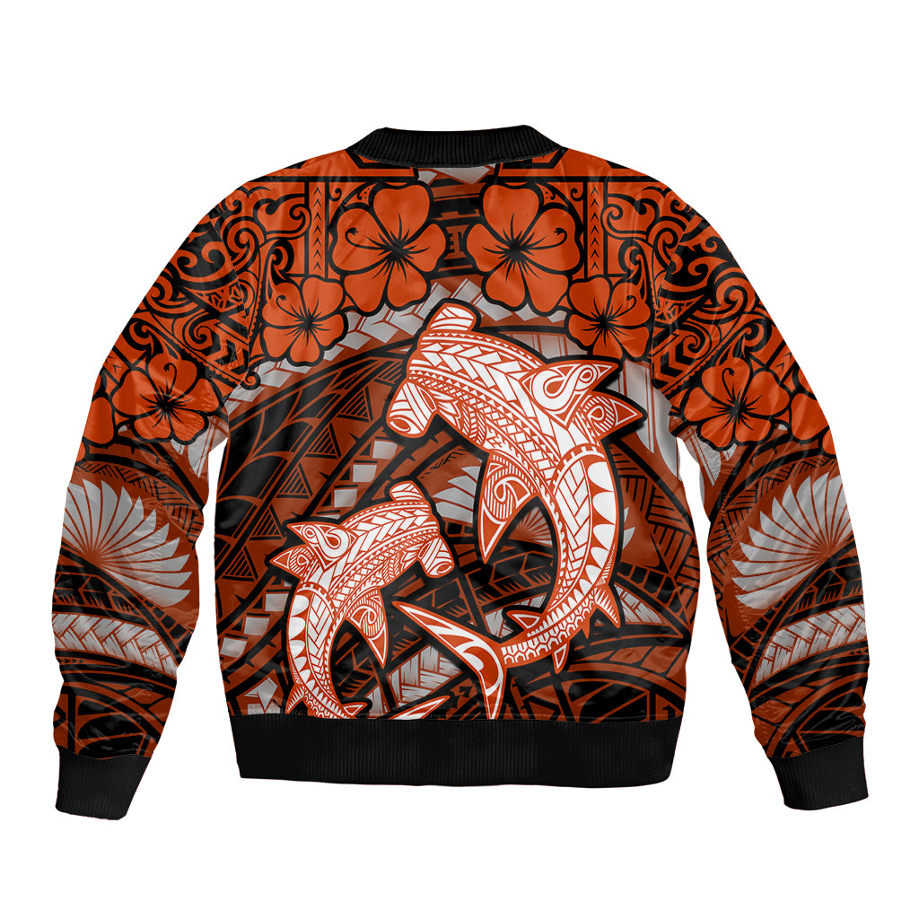 Polynesian Shark Valentine Day Sleeve Zip Bomber Jacket Hibiscus and Tribal Tattoo Orange Style LT03 - Polynesian Pride