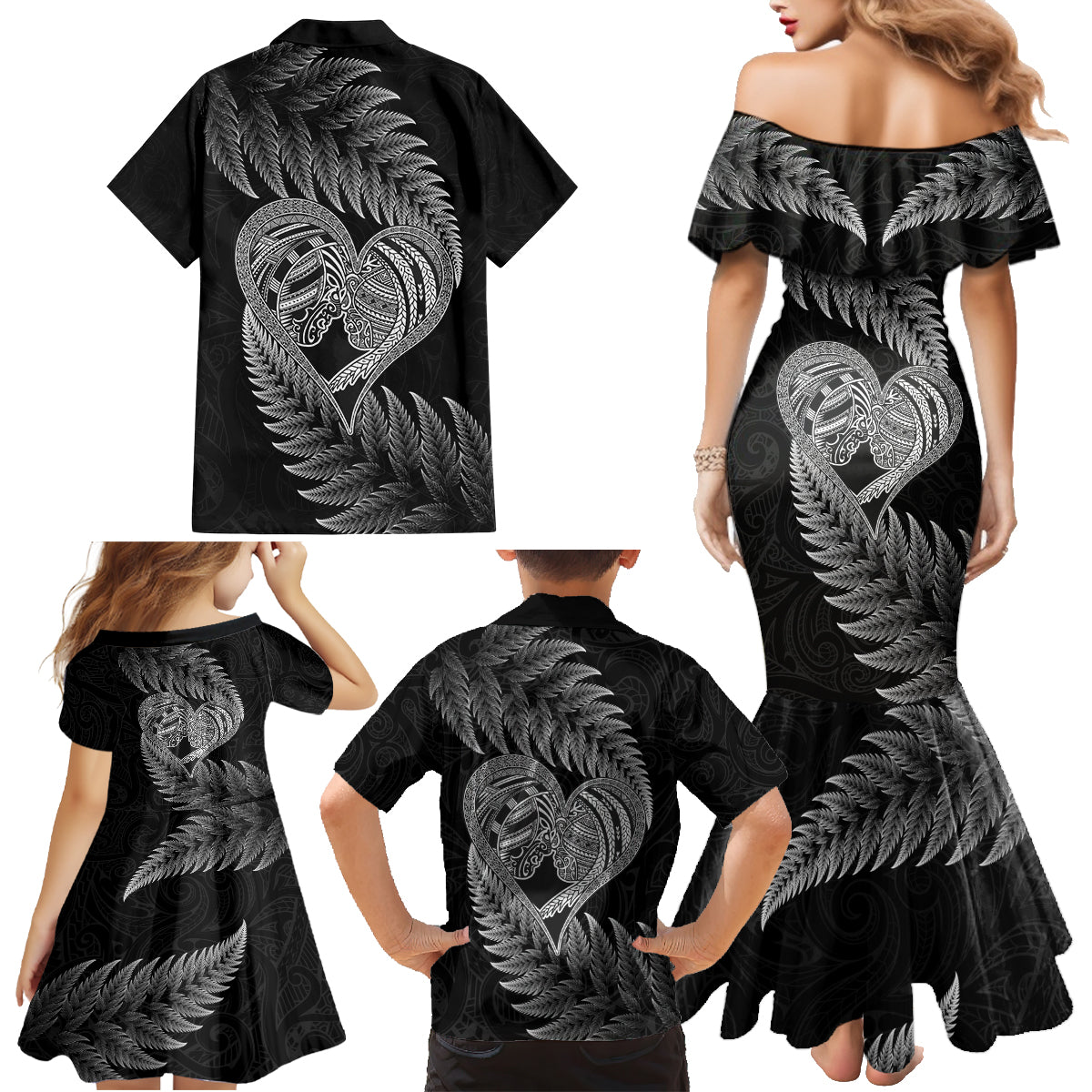 New Zealand Valentine Day Family Matching Mermaid Dress and Hawaiian Shirt Aotearoa Warrior and Woman Love Heart Maori Pattern LT03 - Polynesian Pride