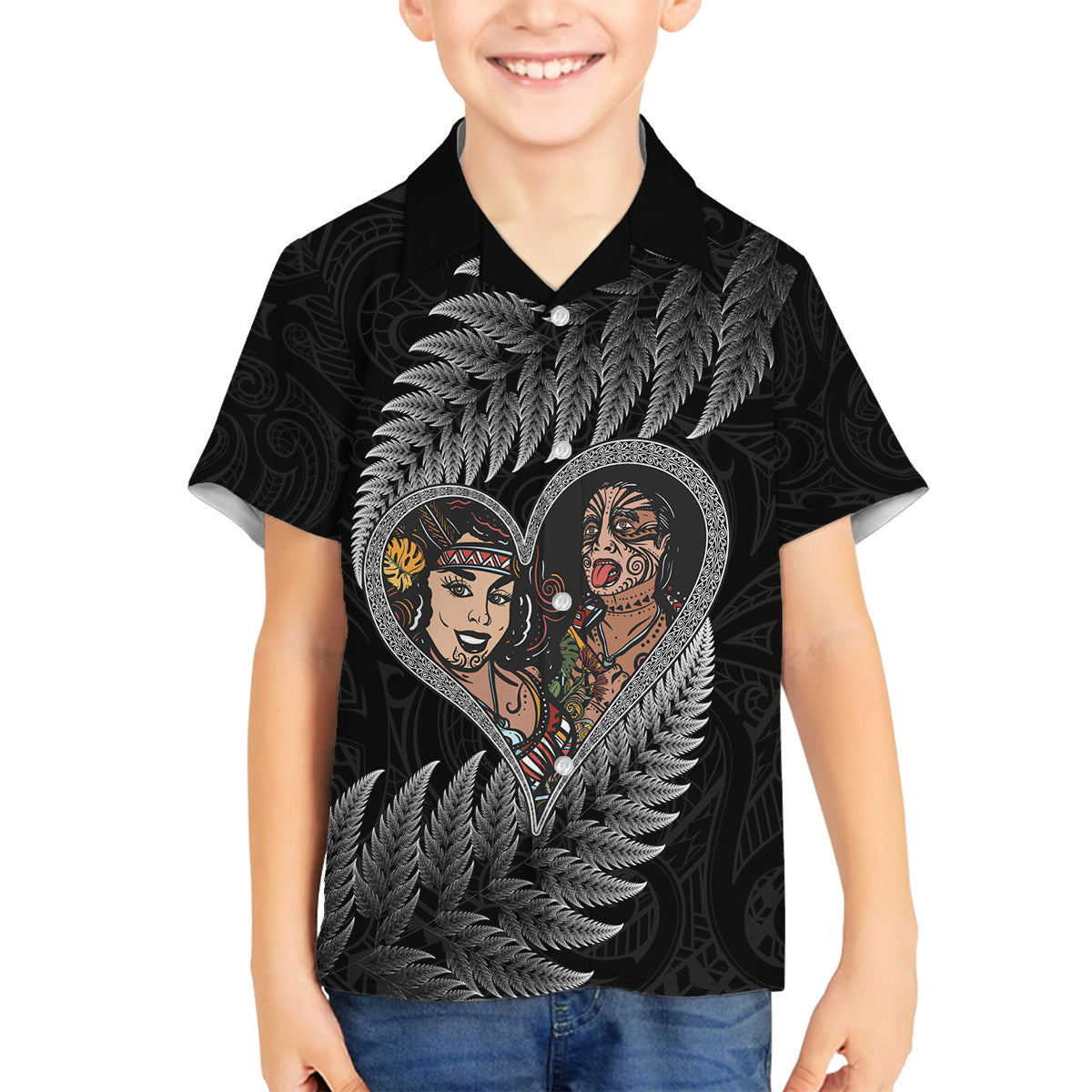 New Zealand Valentine Day Family Matching Off Shoulder Maxi Dress and Hawaiian Shirt Aotearoa Warrior and Woman Love Heart Maori Pattern LT03 Son's Shirt Black - Polynesian Pride