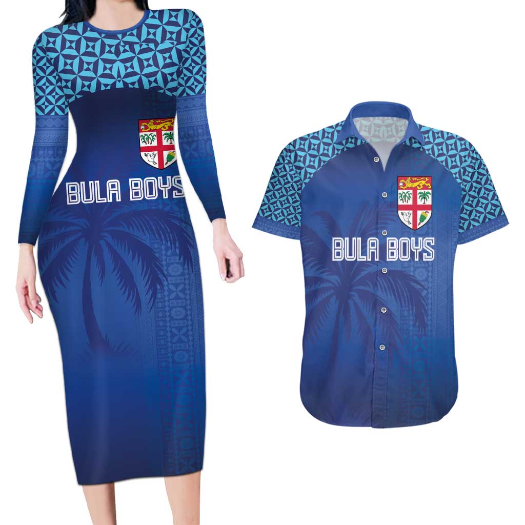 Custom Fiji Football-Towards World Cup 2026 Couples Matching Long Sleeve Bodycon Dress and Hawaiian Shirt LT03 Blue - Polynesian Pride
