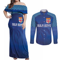 Custom Fiji Football-Towards World Cup 2026 Couples Matching Off Shoulder Maxi Dress and Long Sleeve Button Shirt LT03 Blue - Polynesian Pride