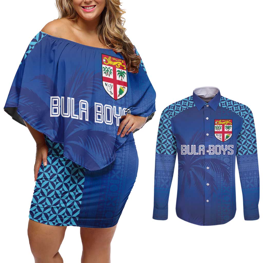 Custom Fiji Football-Towards World Cup 2026 Couples Matching Off Shoulder Short Dress and Long Sleeve Button Shirt LT03 Blue - Polynesian Pride