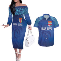 Custom Fiji Football-Towards World Cup 2026 Couples Matching Off The Shoulder Long Sleeve Dress and Hawaiian Shirt LT03 Blue - Polynesian Pride