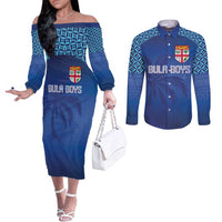 Custom Fiji Football-Towards World Cup 2026 Couples Matching Off The Shoulder Long Sleeve Dress and Long Sleeve Button Shirt LT03 Blue - Polynesian Pride