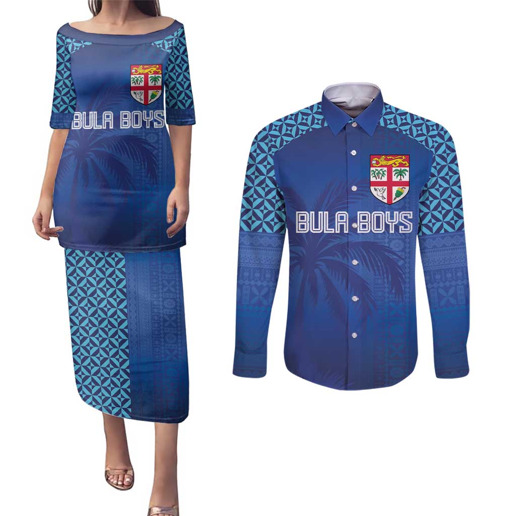 Custom Fiji Football-Towards World Cup 2026 Couples Matching Puletasi and Long Sleeve Button Shirt LT03 Blue - Polynesian Pride