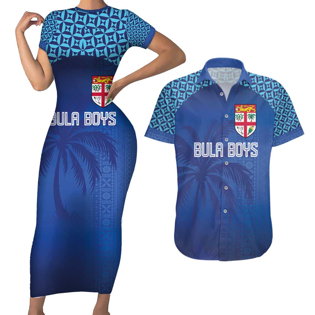 Custom Fiji Football-Towards World Cup 2026 Couples Matching Short Sleeve Bodycon Dress and Hawaiian Shirt LT03 Blue - Polynesian Pride
