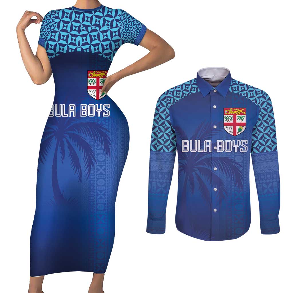 Custom Fiji Football-Towards World Cup 2026 Couples Matching Short Sleeve Bodycon Dress and Long Sleeve Button Shirt LT03 Blue - Polynesian Pride
