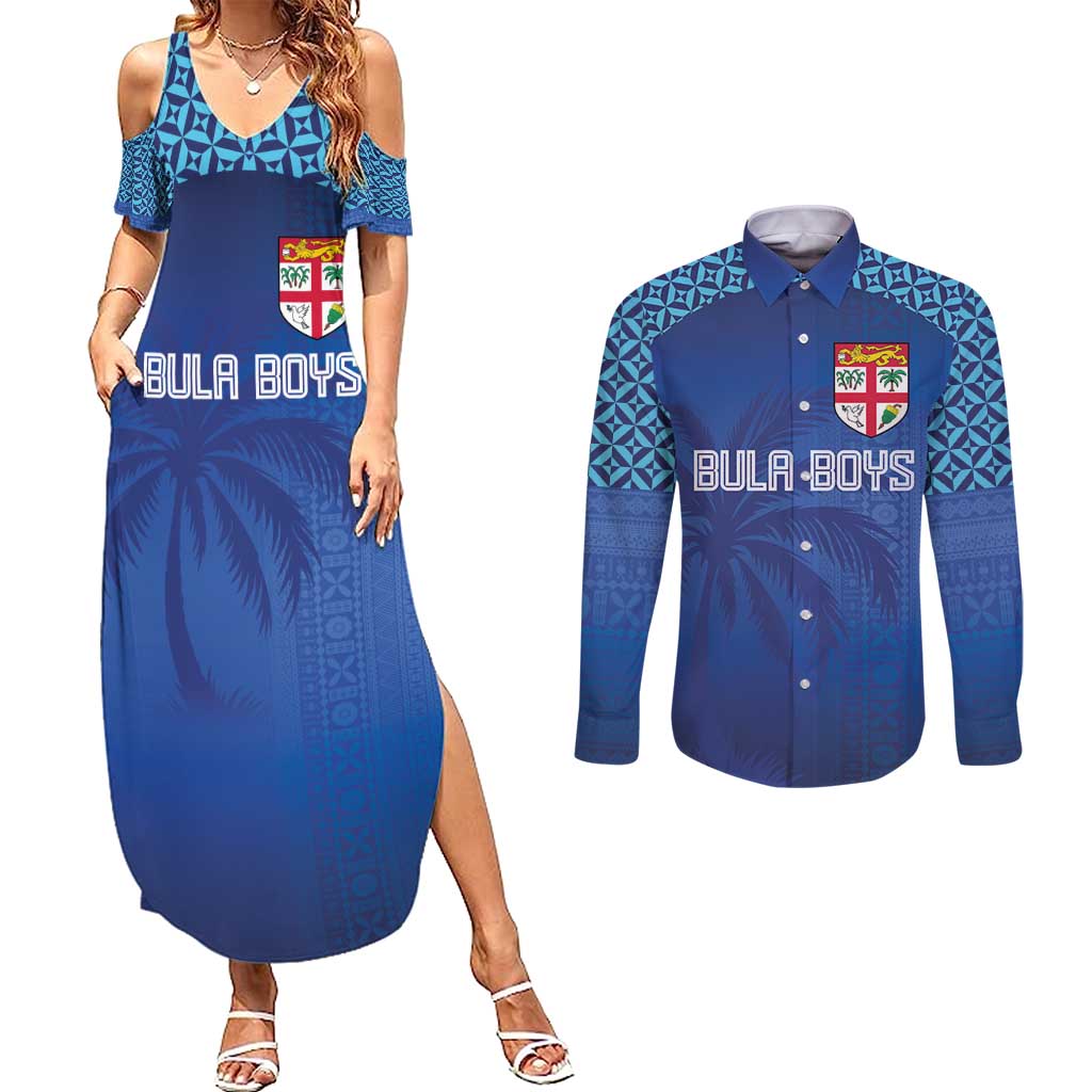 Custom Fiji Football-Towards World Cup 2026 Couples Matching Summer Maxi Dress and Long Sleeve Button Shirt LT03 Blue - Polynesian Pride