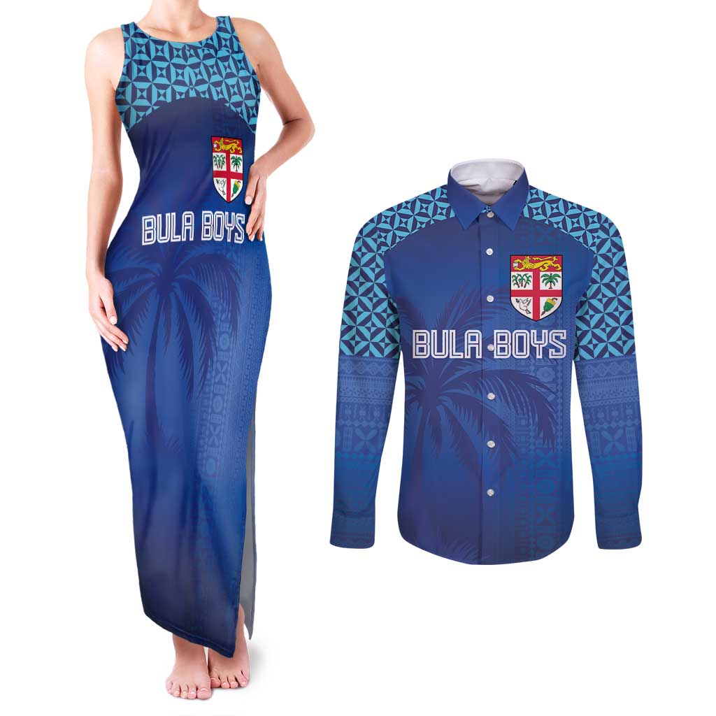 Custom Fiji Football-Towards World Cup 2026 Couples Matching Tank Maxi Dress and Long Sleeve Button Shirt LT03 Blue - Polynesian Pride