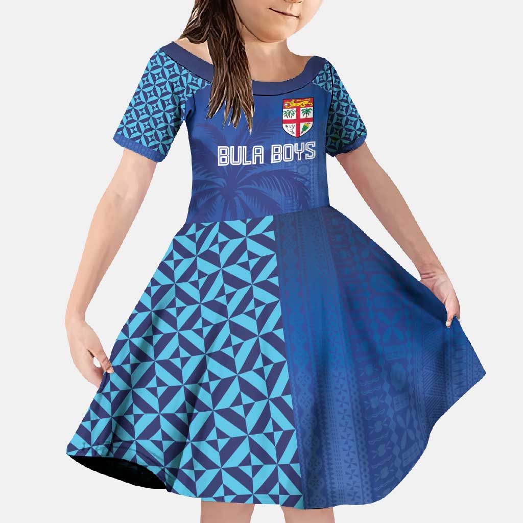 Custom Fiji Football-Towards World Cup 2026 Family Matching Long Sleeve Bodycon Dress and Hawaiian Shirt LT03 Daughter's Dress Blue - Polynesian Pride
