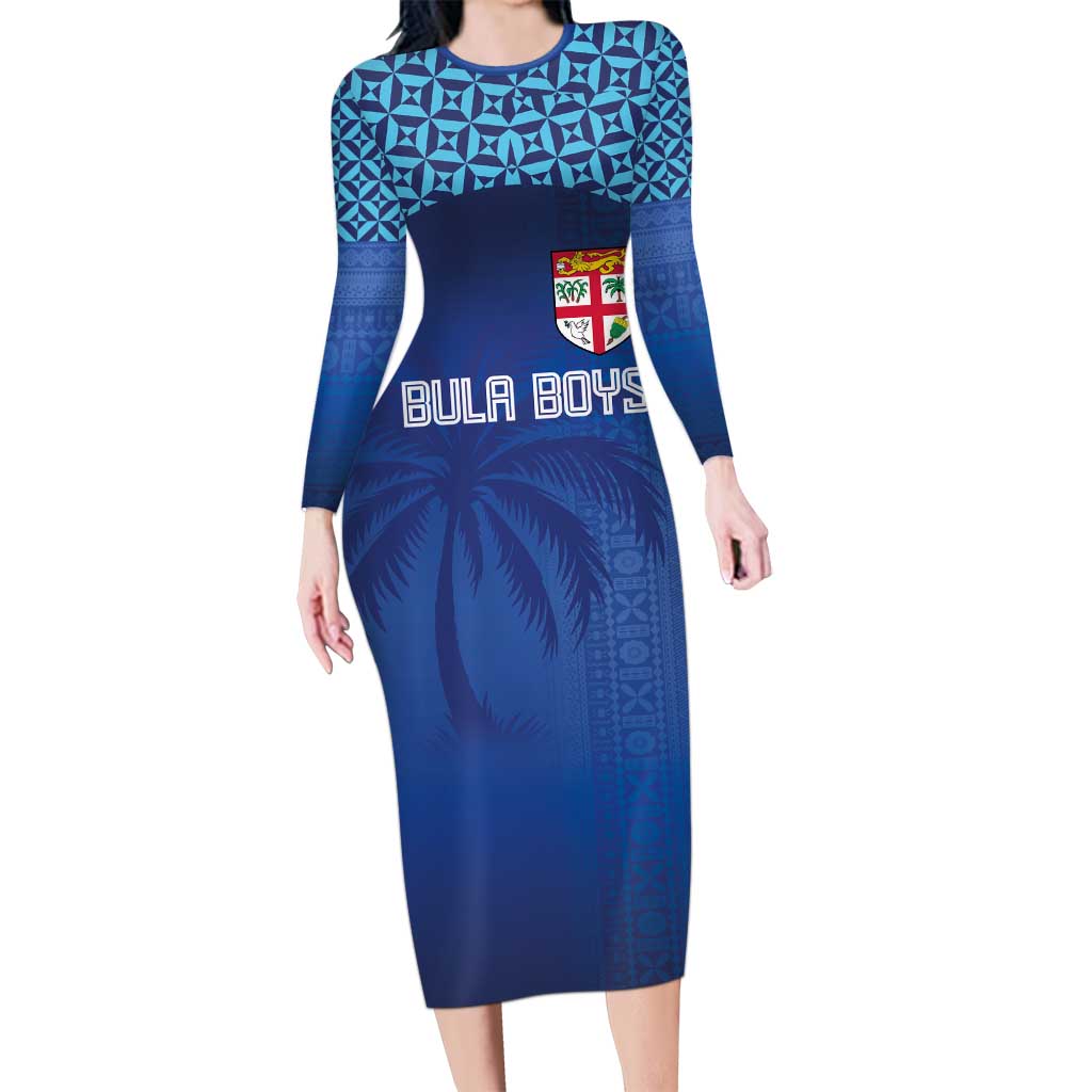 Custom Fiji Football-Towards World Cup 2026 Family Matching Long Sleeve Bodycon Dress and Hawaiian Shirt LT03 Mom's Dress Blue - Polynesian Pride